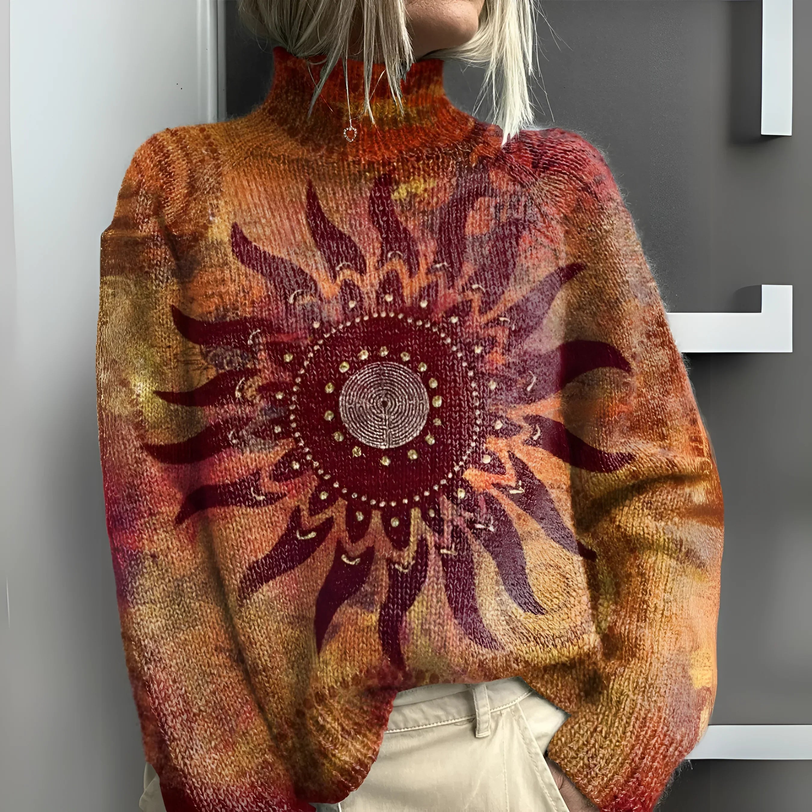 Eline - Cozy Knit Turtleneck Sweater Featuring Tribal Sun Design